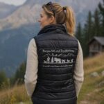 Woman with a ponytail wearing a black quilted vest over a beige sweater, standing outdoors in a mountain landscape; the vest features an embroidered alpine scene and German slogan on the back, visible from behind.
