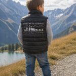 Child standing on a gravel path in the mountains, wearing a black puffer vest with a white mountain graphic on the back and German text, facing away.