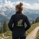 Person with back to camera standing on a mountain trail, wearing a black jacket with a cow graphic and greenery on the back, snow-capped peaks in the distance.