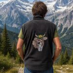 Man seen from behind, wearing a dark vest with a decorative buffalo skull graphic, facing snowy mountains.