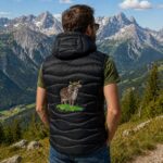 Man standing with back to camera in a mountainous landscape, wearing a black quilted vest with a bull embroidery on the back.