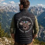 Man facing away on a mountain overlook, wearing a black quilted vest with a circular logo featuring a cow head and flowers; snowy peaks in the distance.