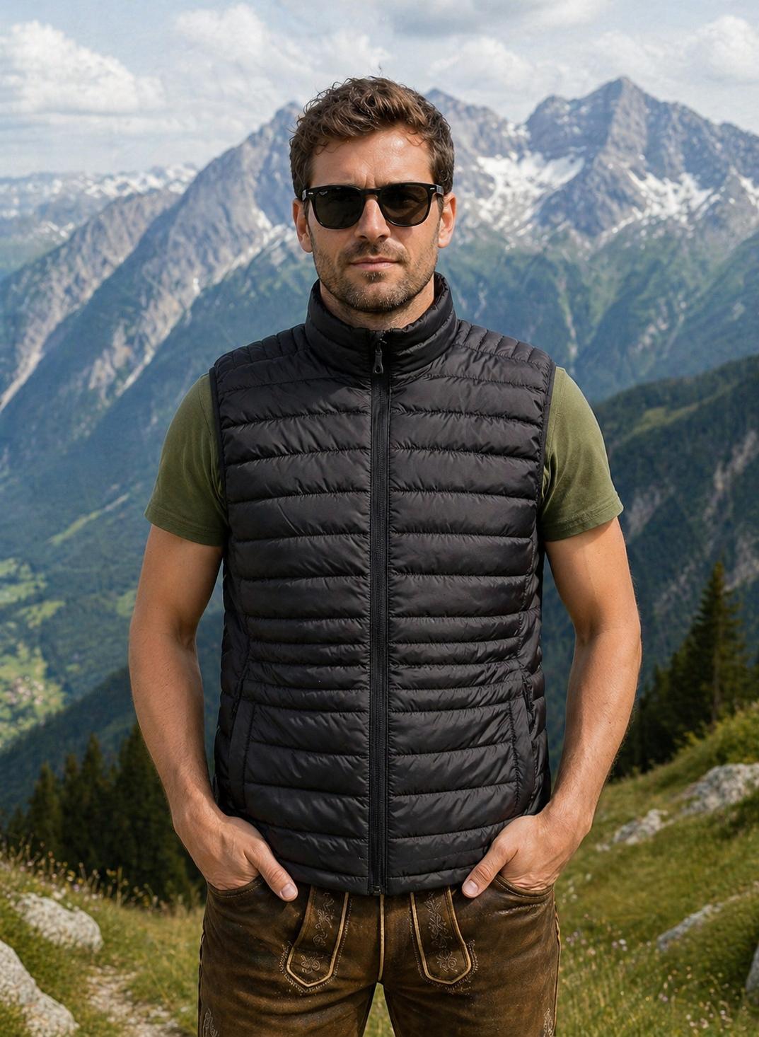 WhatsApp Image 2026-04-30 at 13523811 | fil - magic Stickerei Berther Man wearing a black puffer vest and green t-shirt stands outdoors in a mountainous landscape with snow-capped peaks, wearing sunglasses.