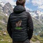 Person standing outdoors in a mountainous alpine landscape, wearing a black puffer jacket with an embroidered deer on the back.