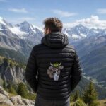 Man in a black puffer jacket seen from behind, overlooking snow-capped mountains under a blue sky.