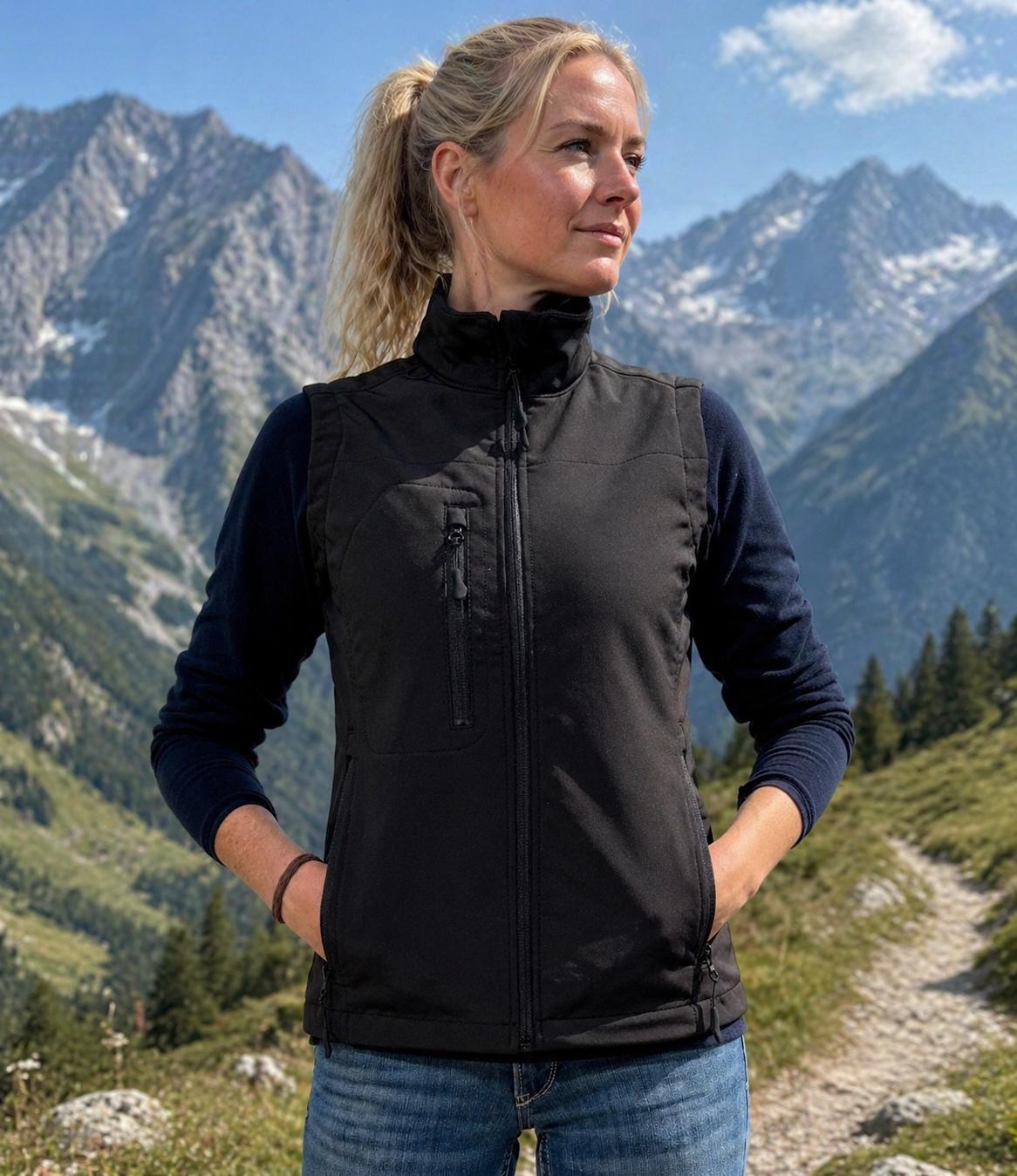 WhatsApp Image 2026-05-20 at 1114405 | fil - magic Stickerei Berther Woman in a black zippered vest standing on a rocky mountain trail with alpine peaks in the background.