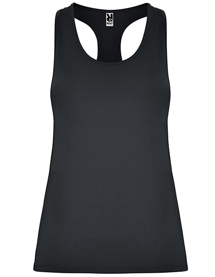 RY6656_Ebony | fil - magic Stickerei Berther Dark gray women's racerback tank top on a white background, sleeveless athletic tee