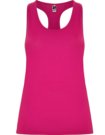 RY6656_Rosette | fil - magic Stickerei Berther Bright pink women's racerback athletic tank top on a white background, sleeveless and form-fitting around the torso.