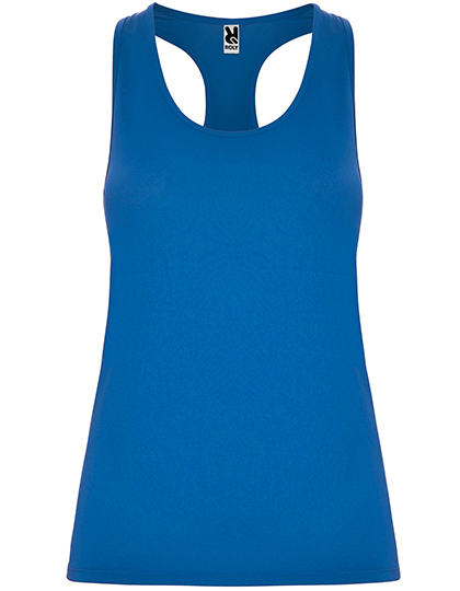 RY6656_Royal Blue | fil - magic Stickerei Berther Blue sleeveless racerback athletic tank top on a white background (women's sportswear)