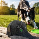 Border collie approach­ing a black glittery cap on a weathered wooden surface in a sunny park, with a green frisbee nearby