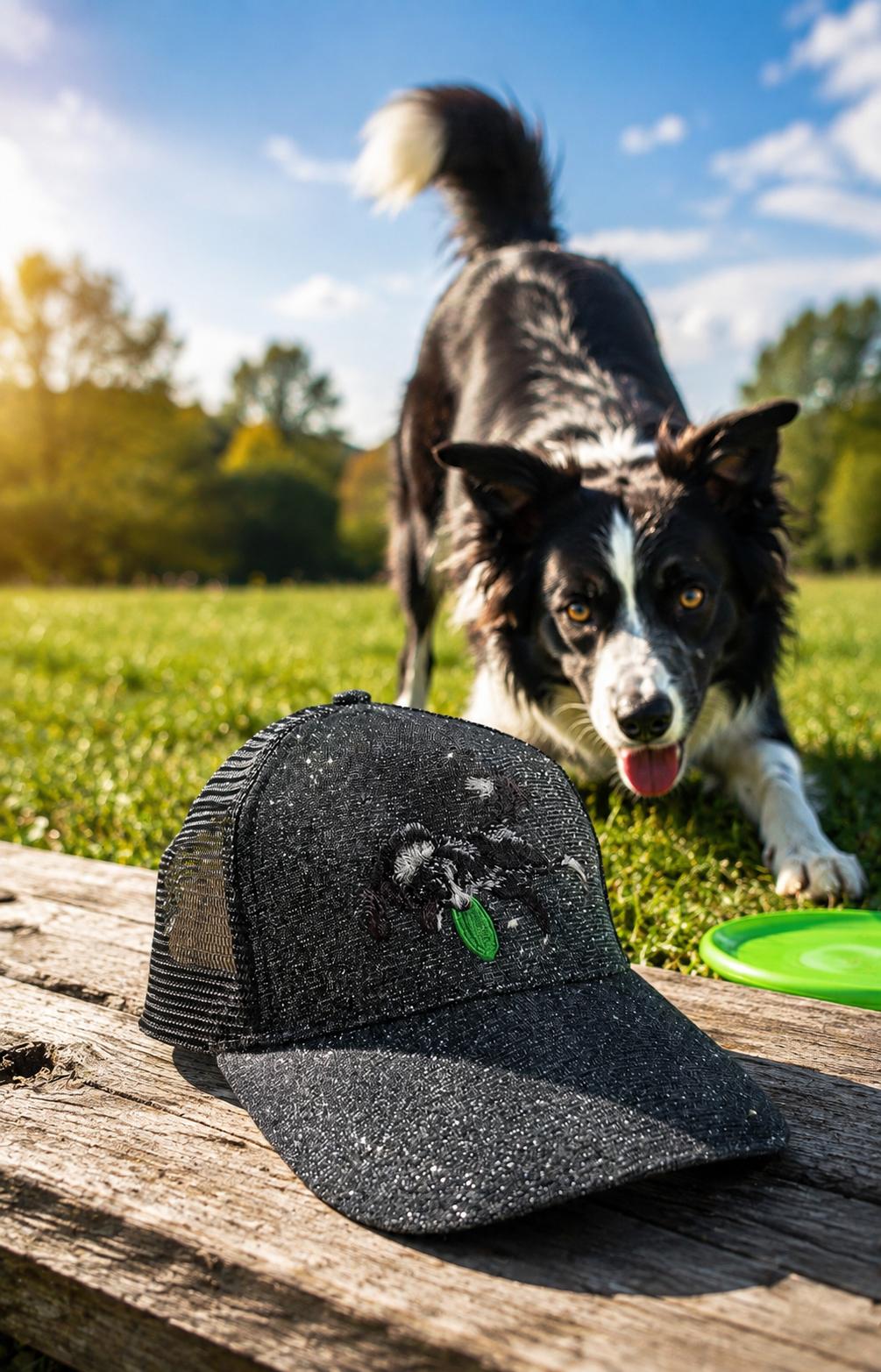 WhatsApp Image 2026-08-22 at 172805 | fil - magic Stickerei Berther Border collie approaching a black glittery cap on a weathered wooden surface in a sunny park, with a green frisbee nearby