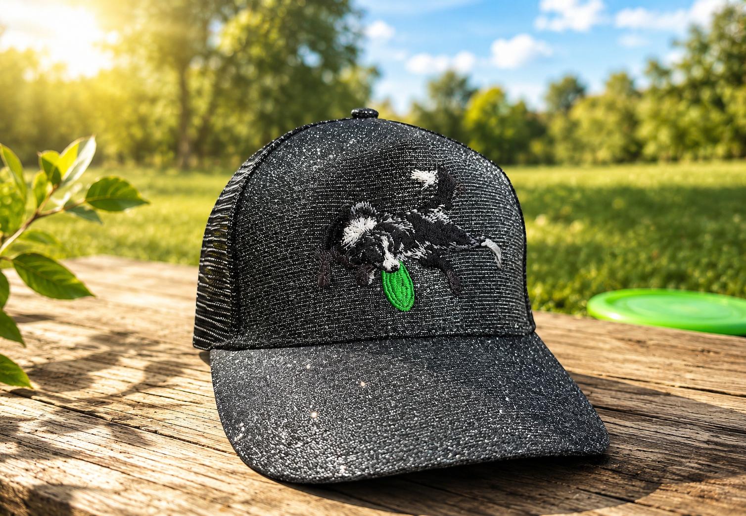 WhatsApp Image 2026-08-22 at 1728051 | fil - magic Stickerei Berther Black speckled trucker cap with an embroidered white bird and green leaf on a weathered wooden table outdoors in sunlight.