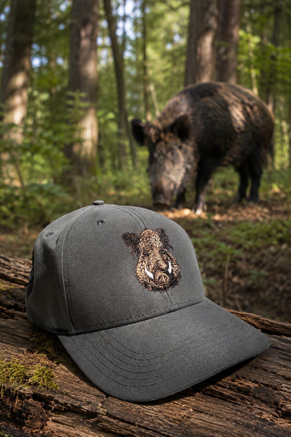 WhatsApp Image 2026-08-22 at 1728063 | fil - magic Stickerei Berther Gray baseball cap with an embroidered boar head resting on a fallen log; a wild boar stands in a forest background.