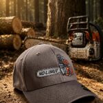 Gray baseball cap with a 'NO LIMIT' patch resting on a tree stump, with a chainsaw and cut logs in a sunlit forest.