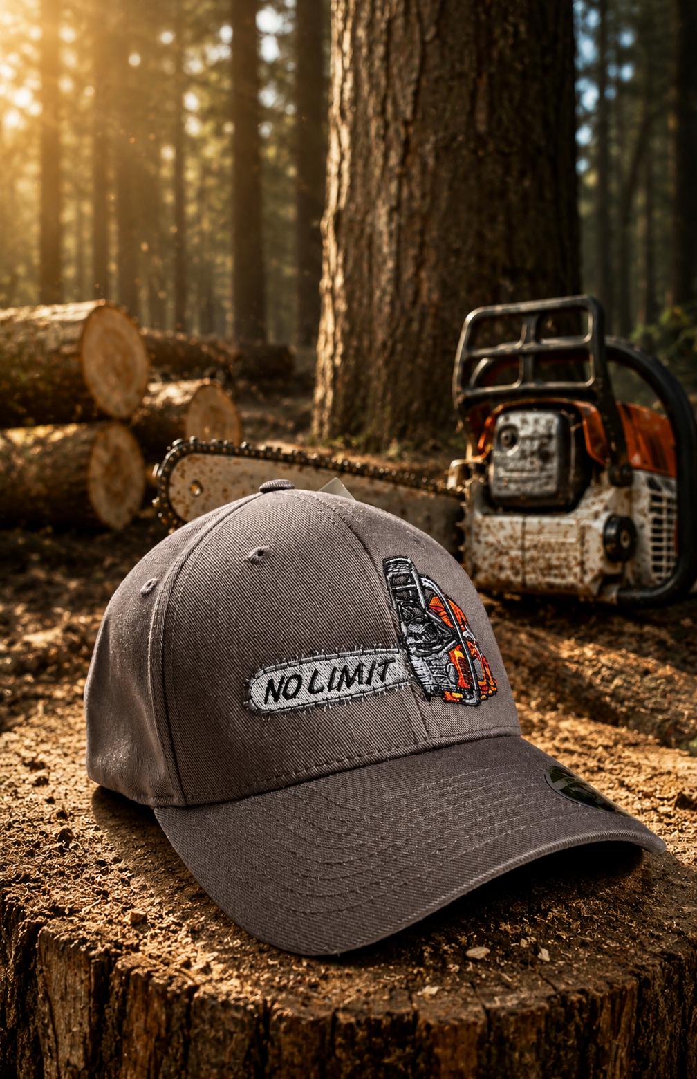 WhatsApp Image 2026-08-22 at 1728064 | fil - magic Stickerei Berther Gray baseball cap with a 'NO LIMIT' patch resting on a tree stump, with a chainsaw and cut logs in a sunlit forest.