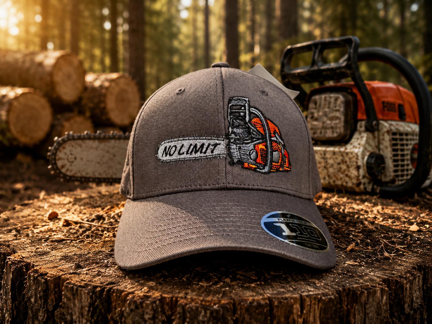 WhatsApp Image 2026-08-22 at 1728065 | fil - magic Stickerei Berther Gray cap with a chainsaw patch and the words 'NO LIMIT' resting on a tree stump in a woodcutting scene.
