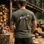 Man standing with back to camera, wearing an olive T‑shirt featuring a 'No Limits' chainsaw graphic in a wood yard.