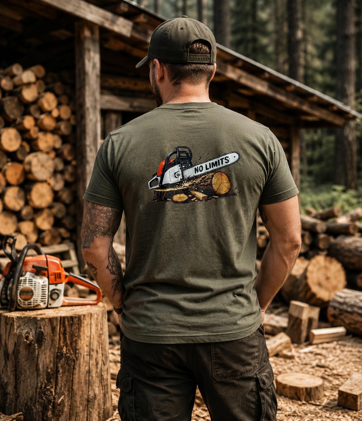 WhatsApp Image 2026-08-22 at 1728070 | fil - magic Stickerei Berther Man standing with back to camera, wearing an olive T‑shirt featuring a 'No Limits' chainsaw graphic in a wood yard.