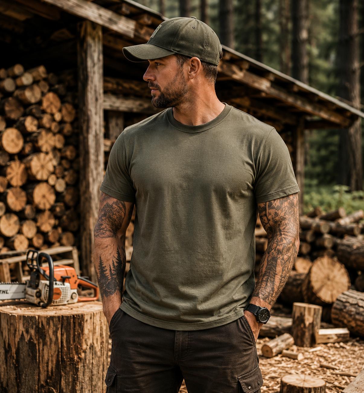 WhatsApp Image 2026-08-22 at 17280711 | fil - magic Stickerei Berther Man with tattoos in an olive T-shirt and cap stands outdoors beside a woodpile and a chainsaw on a stump in the background.