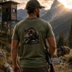 Man standing with a rifle slung over his shoulder, seen from behind, wearing a green shirt with a boar graphic, in a mountain landscape at sunset