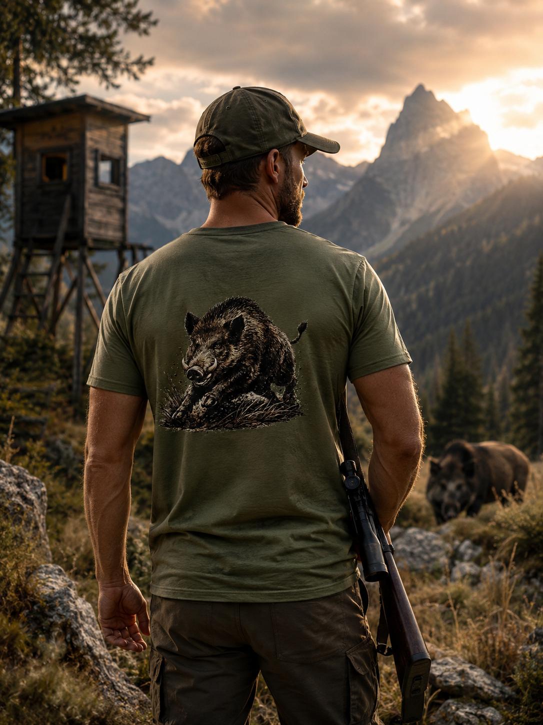 WhatsApp Image 2026-08-22 at 1728079 | fil - magic Stickerei Berther Man standing with a rifle slung over his shoulder, seen from behind, wearing a green shirt with a boar graphic, in a mountain landscape at sunset
